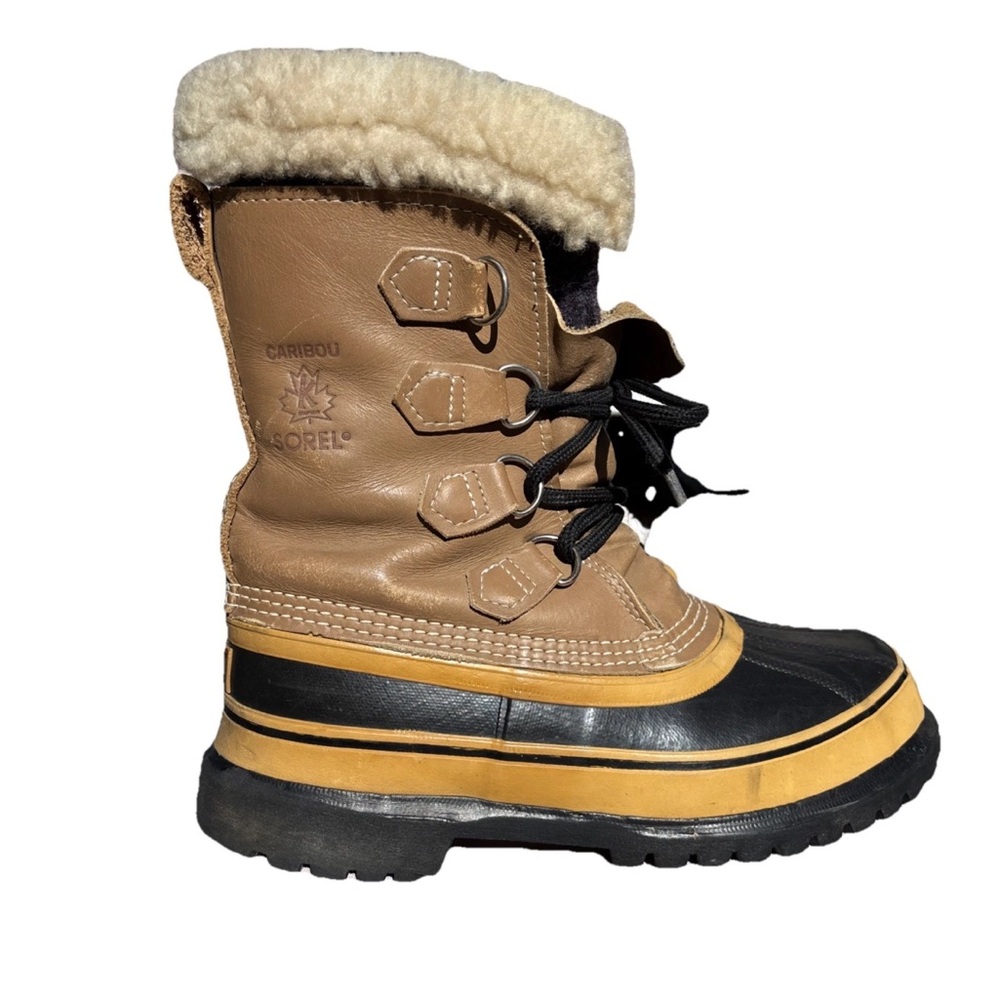 SOREL Caribou Tan Leather Black Rubber Insulated Winter Snow Boots Womens 6